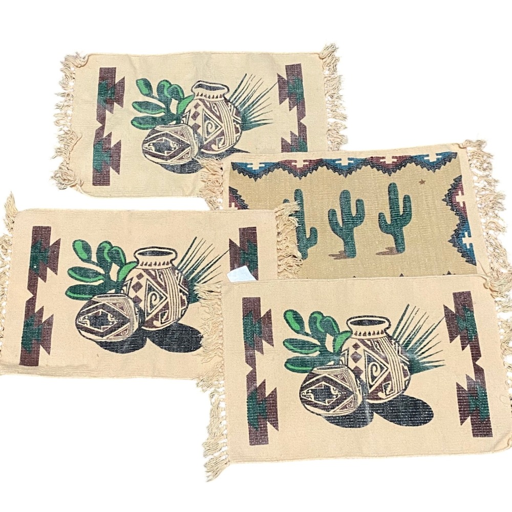Set of 4 Vintage Southwestern Placemats Native American Decor Table Mats tassels